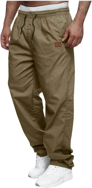 Mens Straight Leg Pants Casual Elastic Waist Drawstring Daily Casual Hiking Chino Cargo Trousers with Pockets