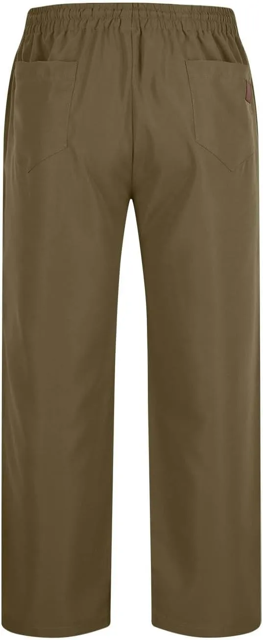Mens Straight Leg Pants Casual Elastic Waist Drawstring Daily Casual Hiking Chino Cargo Trousers with Pockets
