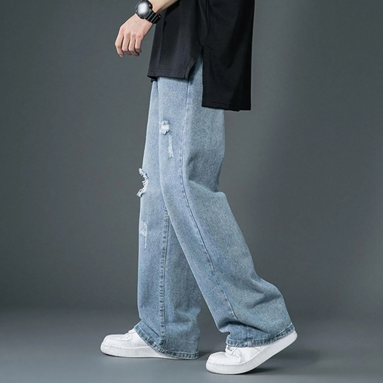 Men's Straight Leg Ripped Jeans Relaxed Fit Wide Leg Denim Pants Baggy Vintage Hip Hop Streetwear Jean Trousers