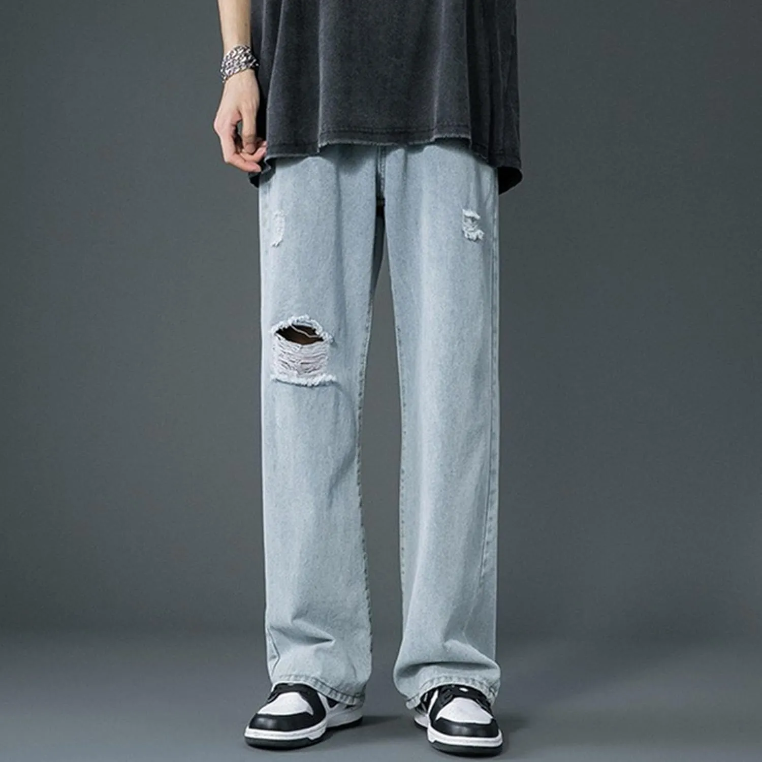 Men's Straight Leg Ripped Jeans Relaxed Fit Wide Leg Denim Pants Baggy Vintage Hip Hop Streetwear Jean Trousers
