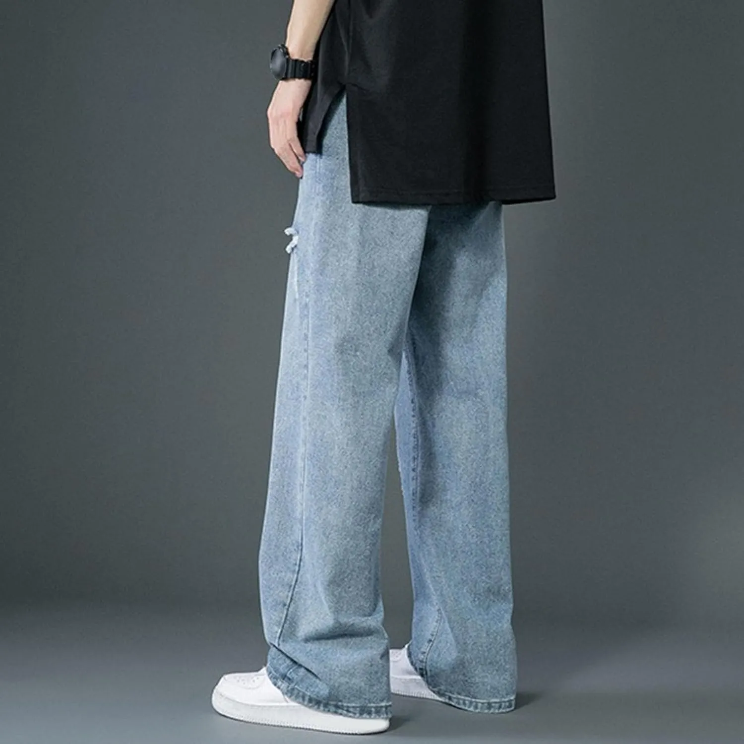 Men's Straight Leg Ripped Jeans Relaxed Fit Wide Leg Denim Pants Baggy Vintage Hip Hop Streetwear Jean Trousers