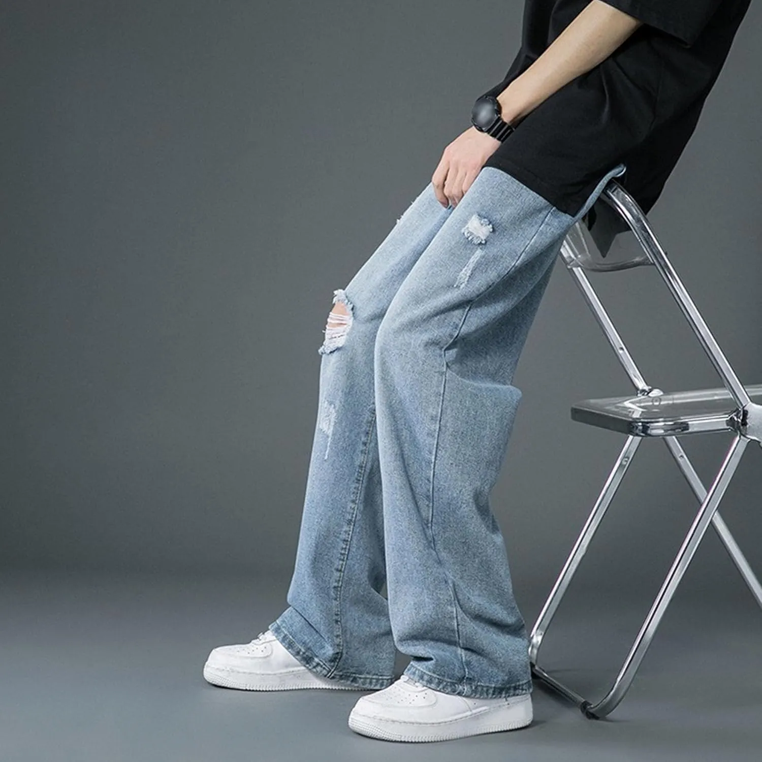 Men's Straight Leg Ripped Jeans Relaxed Fit Wide Leg Denim Pants Baggy Vintage Hip Hop Streetwear Jean Trousers