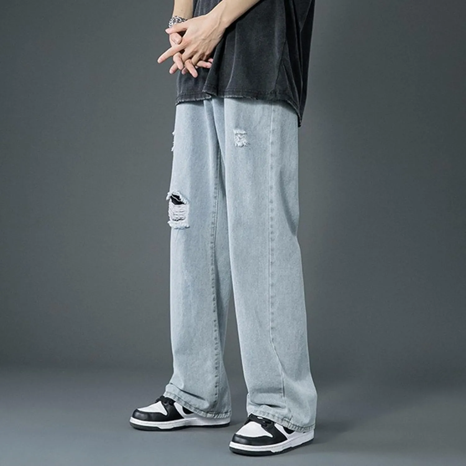 Men's Straight Leg Ripped Jeans Relaxed Fit Wide Leg Denim Pants Baggy Vintage Hip Hop Streetwear Jean Trousers