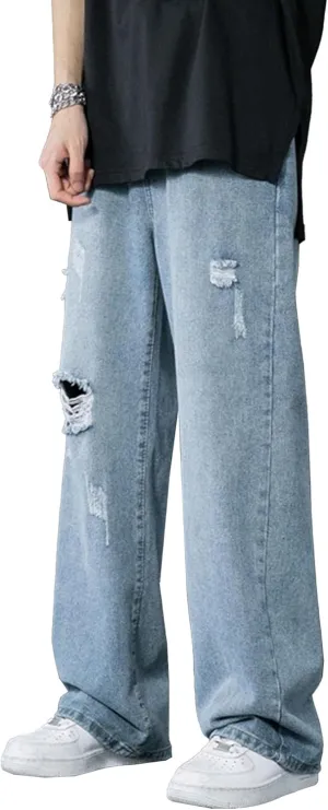 Men's Straight Leg Ripped Jeans Relaxed Fit Wide Leg Denim Pants Baggy Vintage Hip Hop Streetwear Jean Trousers