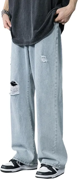 Men's Straight Leg Ripped Jeans Relaxed Fit Wide Leg Denim Pants Baggy Vintage Hip Hop Streetwear Jean Trousers
