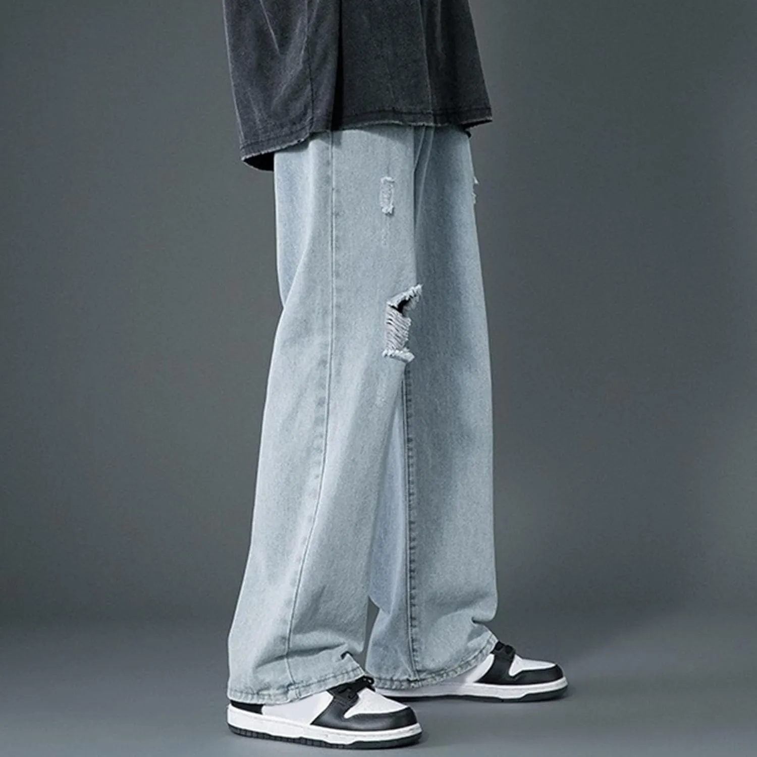 Men's Straight Leg Ripped Jeans Relaxed Fit Wide Leg Denim Pants Baggy Vintage Hip Hop Streetwear Jean Trousers