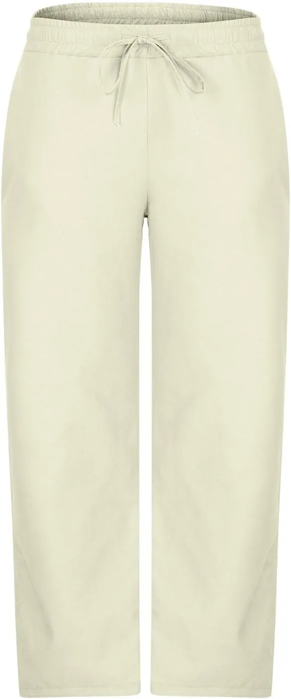 Mens Wide Leg Pants Summer Beach Cotton Linen Pant Lightweight Casual Elastic Waist Drawstring Casual Trousers