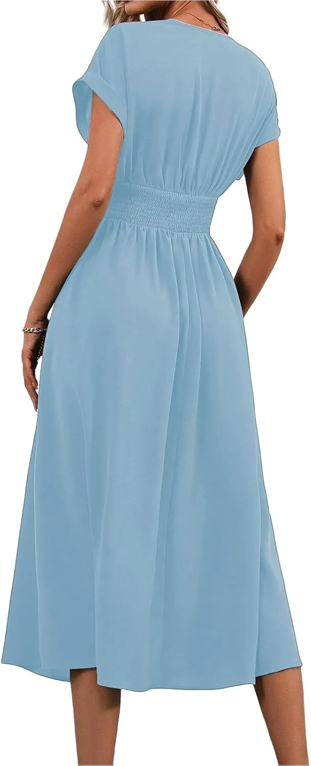 Midi Dresses for Women Fashion Empire Waist Long Dress Summer Short Sleeve Casual Dress Elegant V Neck Wedding Dresses