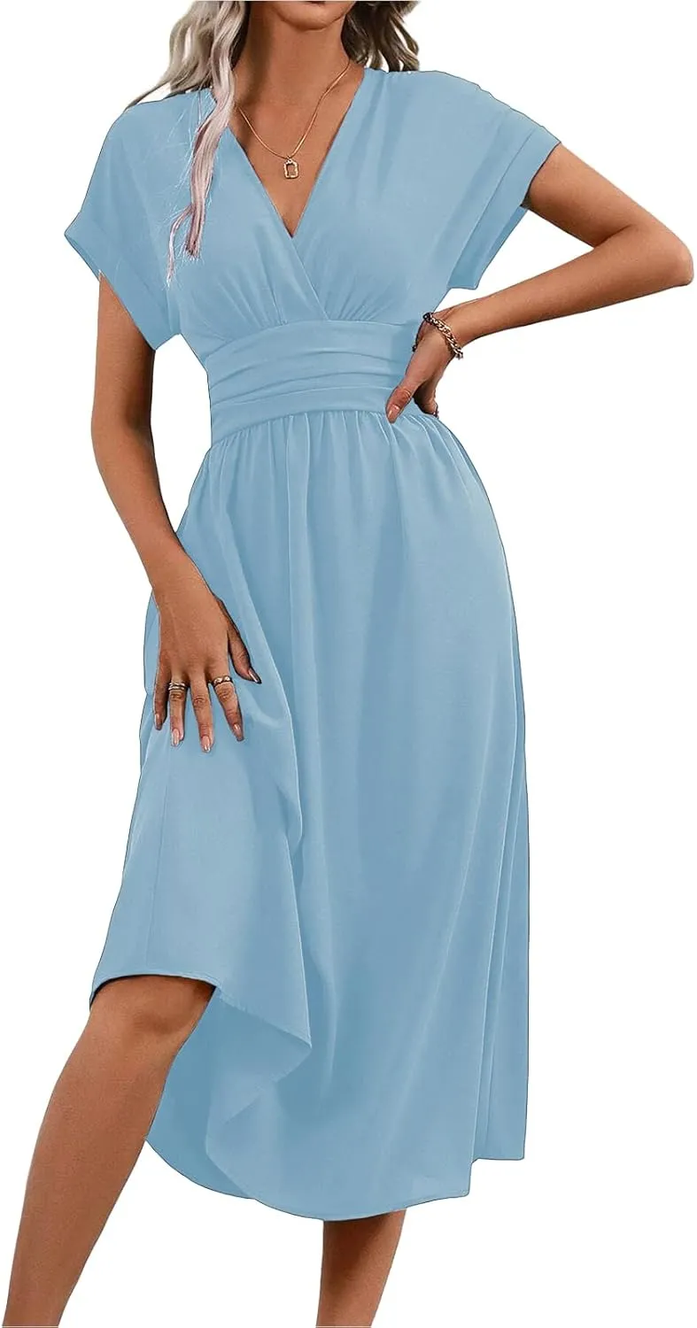 Midi Dresses for Women Fashion Empire Waist Long Dress Summer Short Sleeve Casual Dress Elegant V Neck Wedding Dresses