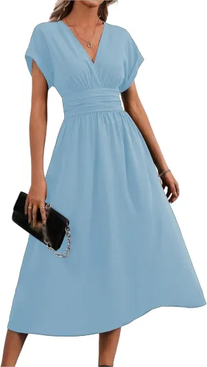 Midi Dresses for Women Fashion Empire Waist Long Dress Summer Short Sleeve Casual Dress Elegant V Neck Wedding Dresses