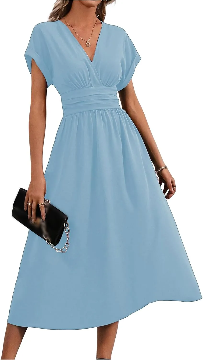 Midi Dresses for Women Fashion Empire Waist Long Dress Summer Short Sleeve Casual Dress Elegant V Neck Wedding Dresses