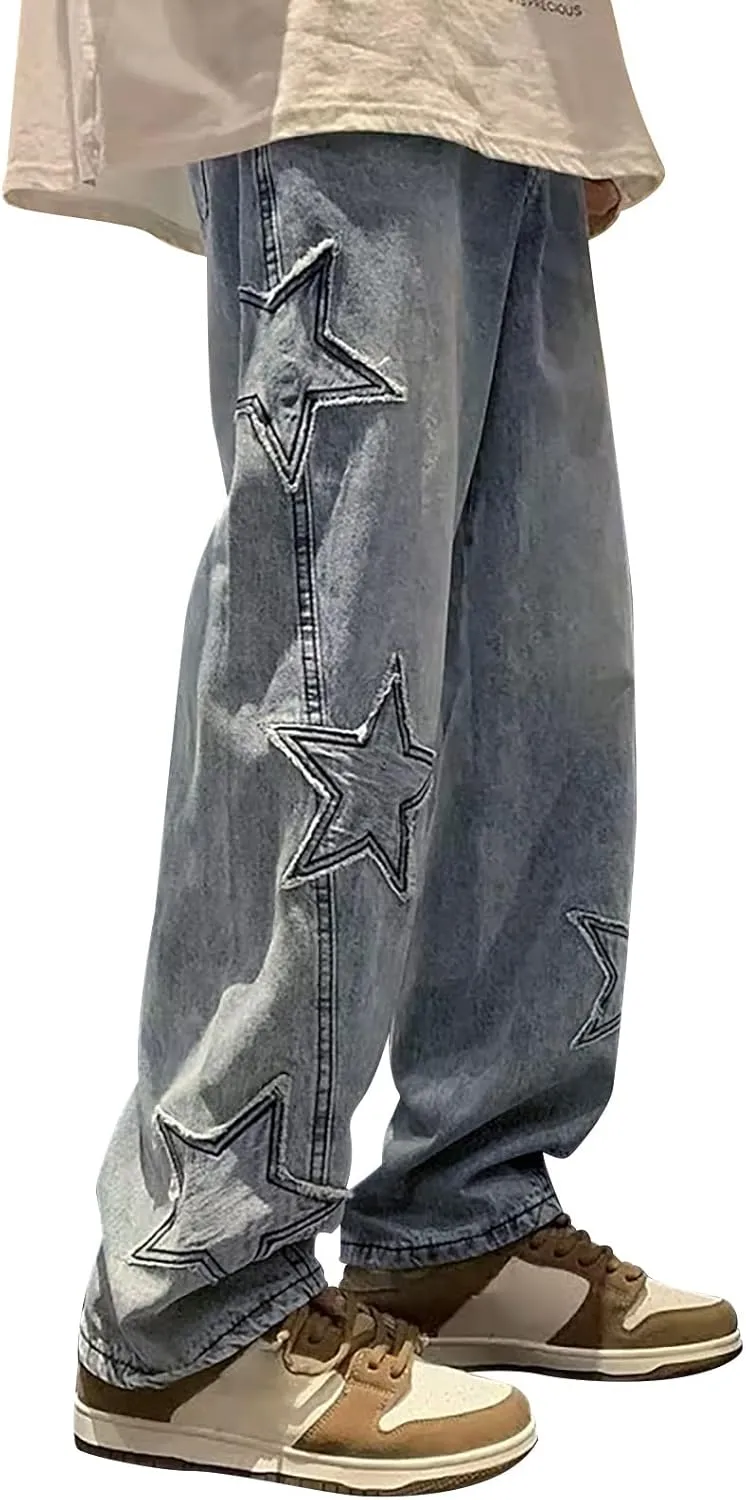 MIDOO Jeans for Men Baggy Casual Patchwork Straight Leg Jeans Trend Fashion Denim Pants Low Rise Skinny Jean Trousers