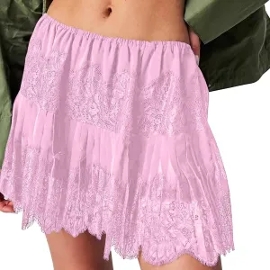 Mini Skirt for Women Summer Solid Lace Slip Layered Pleated Streetwear Short Skirts Elastic Waist Flowy Tiered Skirt