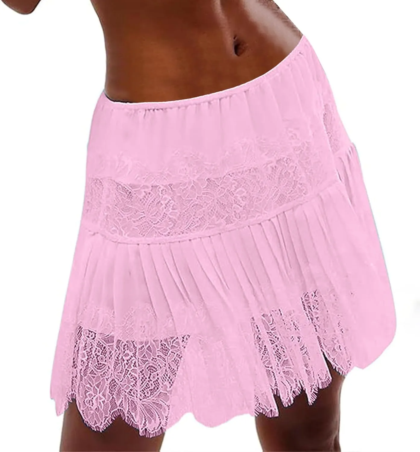 Mini Skirt for Women Summer Solid Lace Slip Layered Pleated Streetwear Short Skirts Elastic Waist Flowy Tiered Skirt