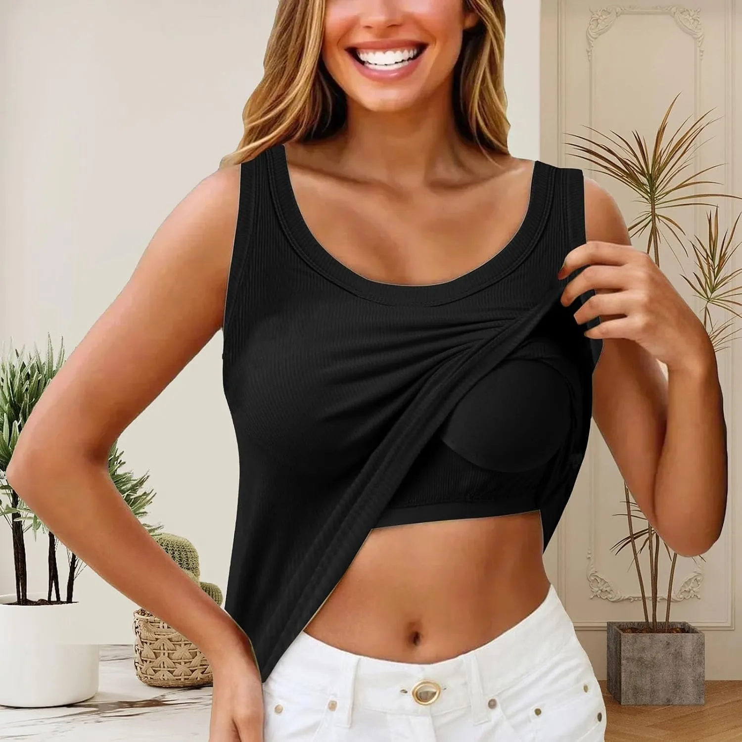 Miyaomn Womens Tank Top with Built in Bra Camisole Workout Tops Padded No Underwire Sports Yoga Bras Summer Basic Undershirts