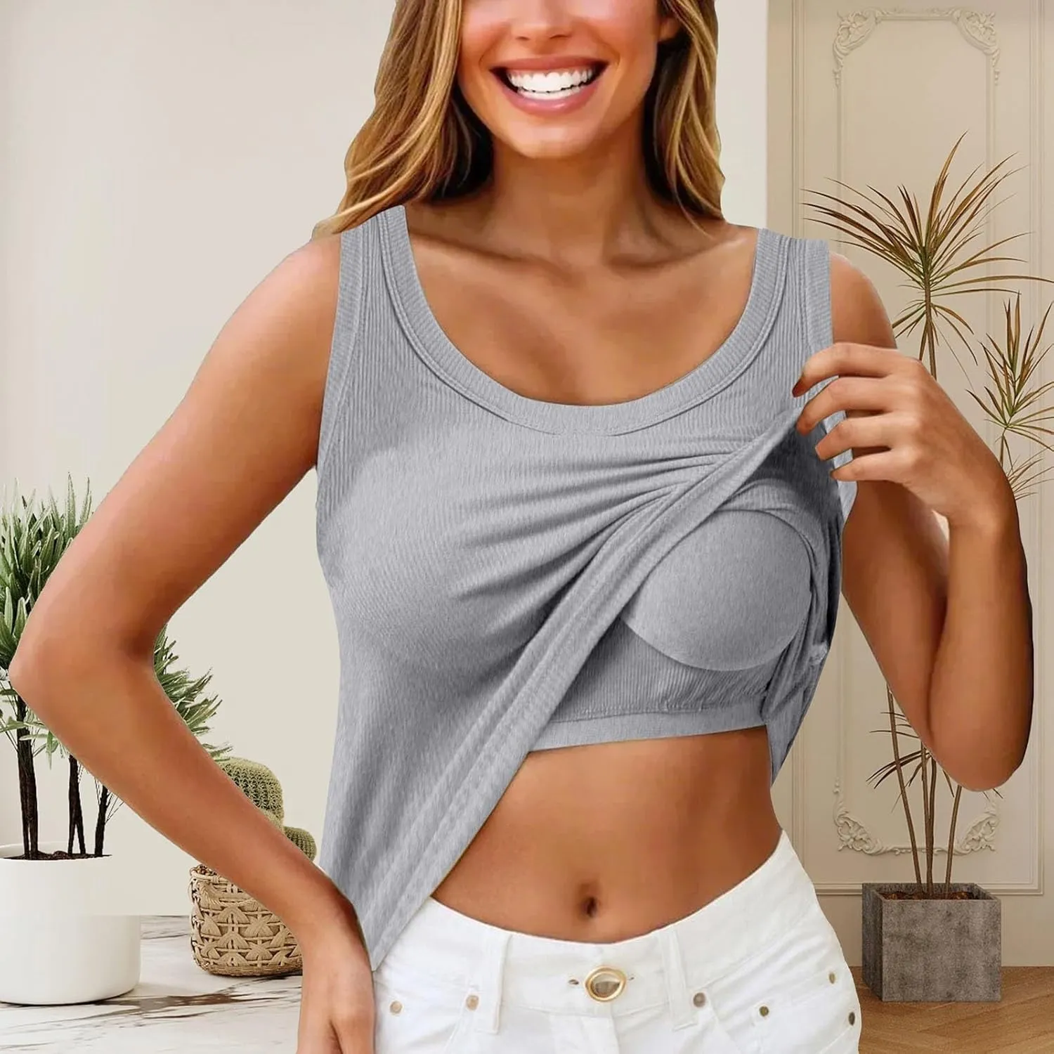 Miyaomn Womens Tank Top with Built in Bra Camisole Workout Tops Padded No Underwire Sports Yoga Bras Summer Basic Undershirts