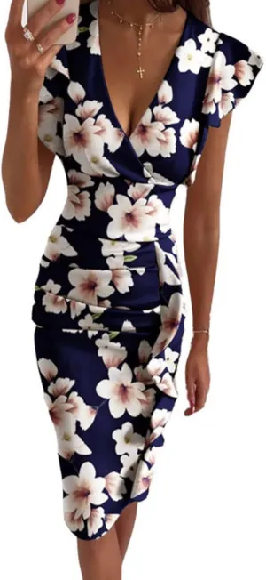 Mmoneyake Womens Ruffle Sleeve Dress Deep V Neck Ruffle Hem Work Pencil Sheath Dress Ruched Bodycon Mini Party Cocktail Dress