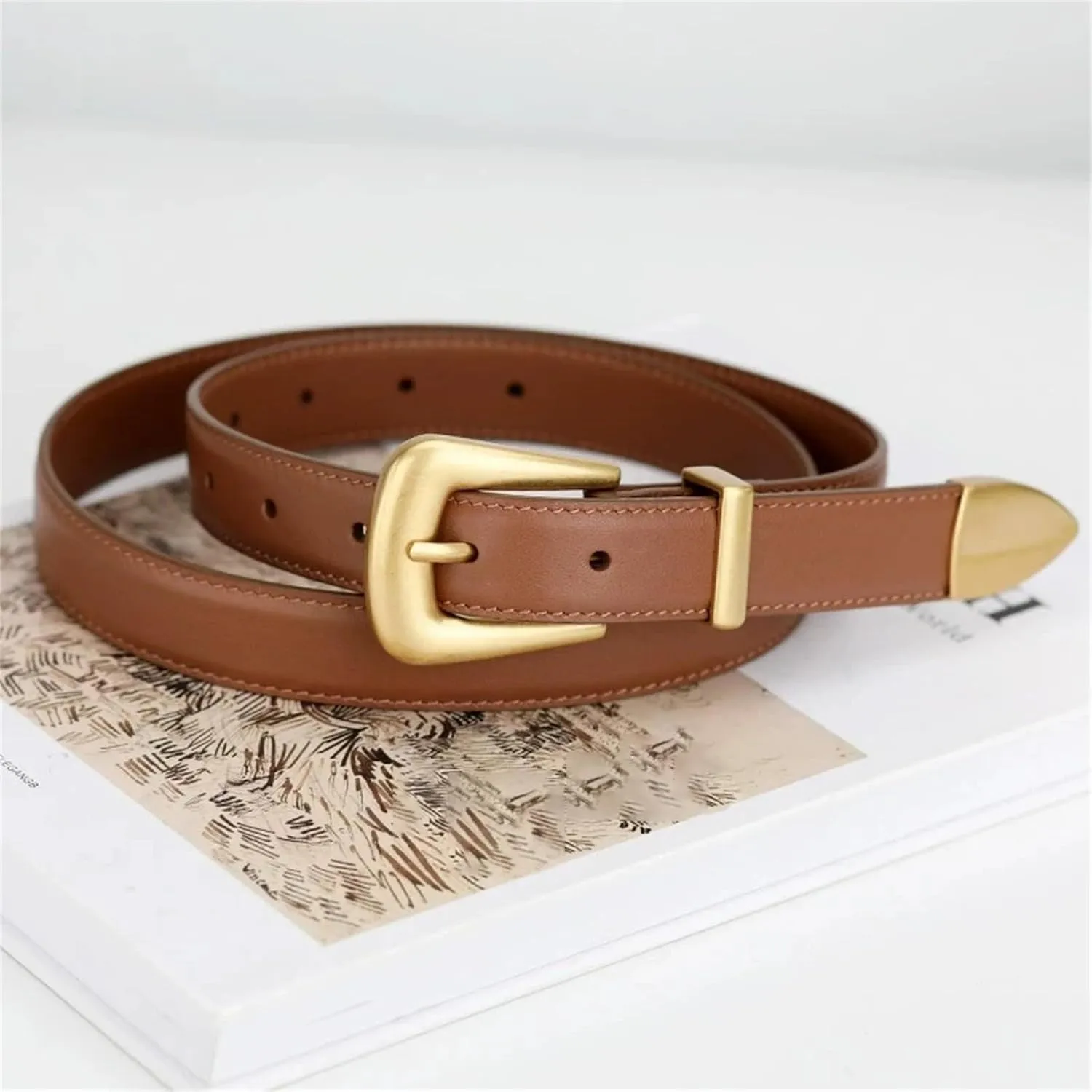 Mnjyihy Genuine Leather Belt For Women Casual Metal Buckle Cowskin Belt For Jeans And Dresses
