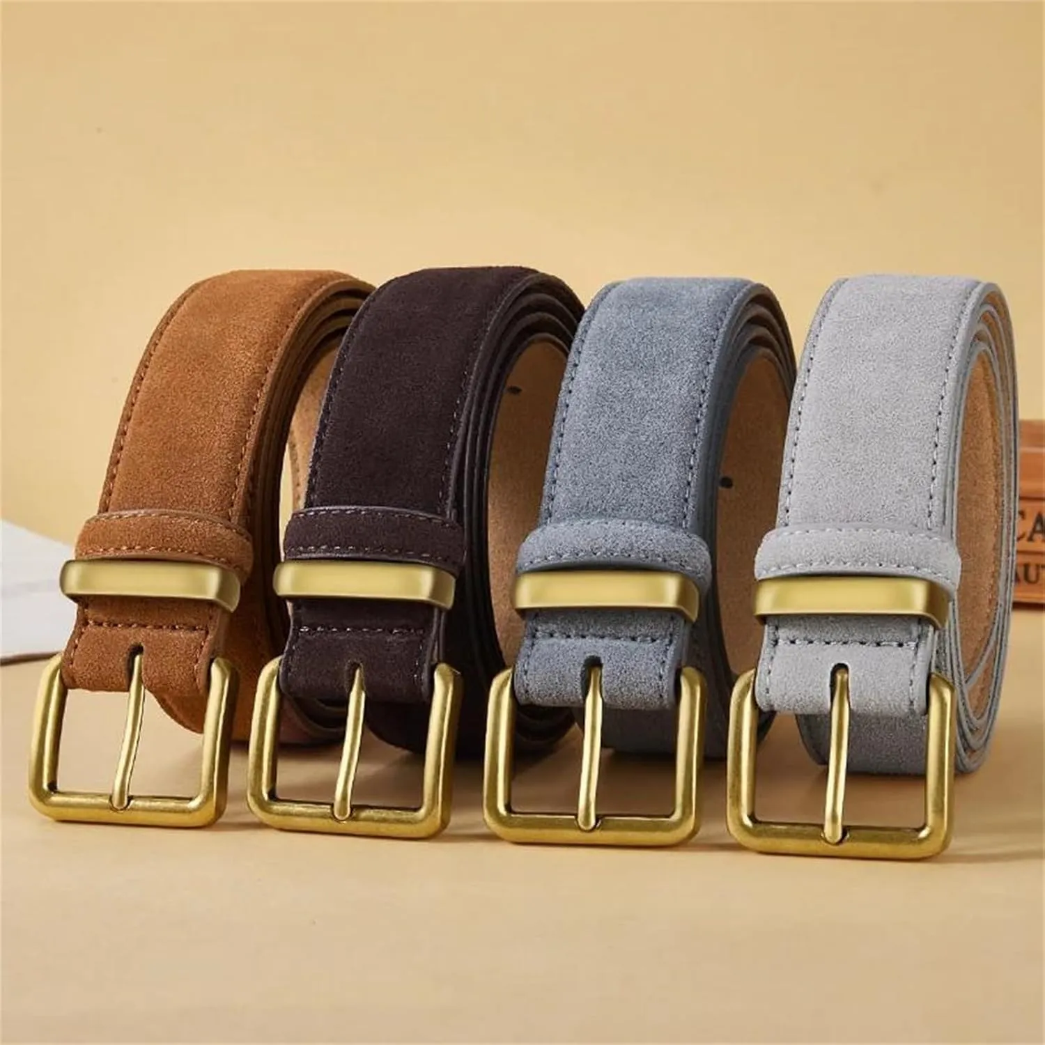 Mnjyihy Suede Cowhide Leather Belt For Women Vintage Style Metal Buckle Wide Waistband For Dresses Jeans