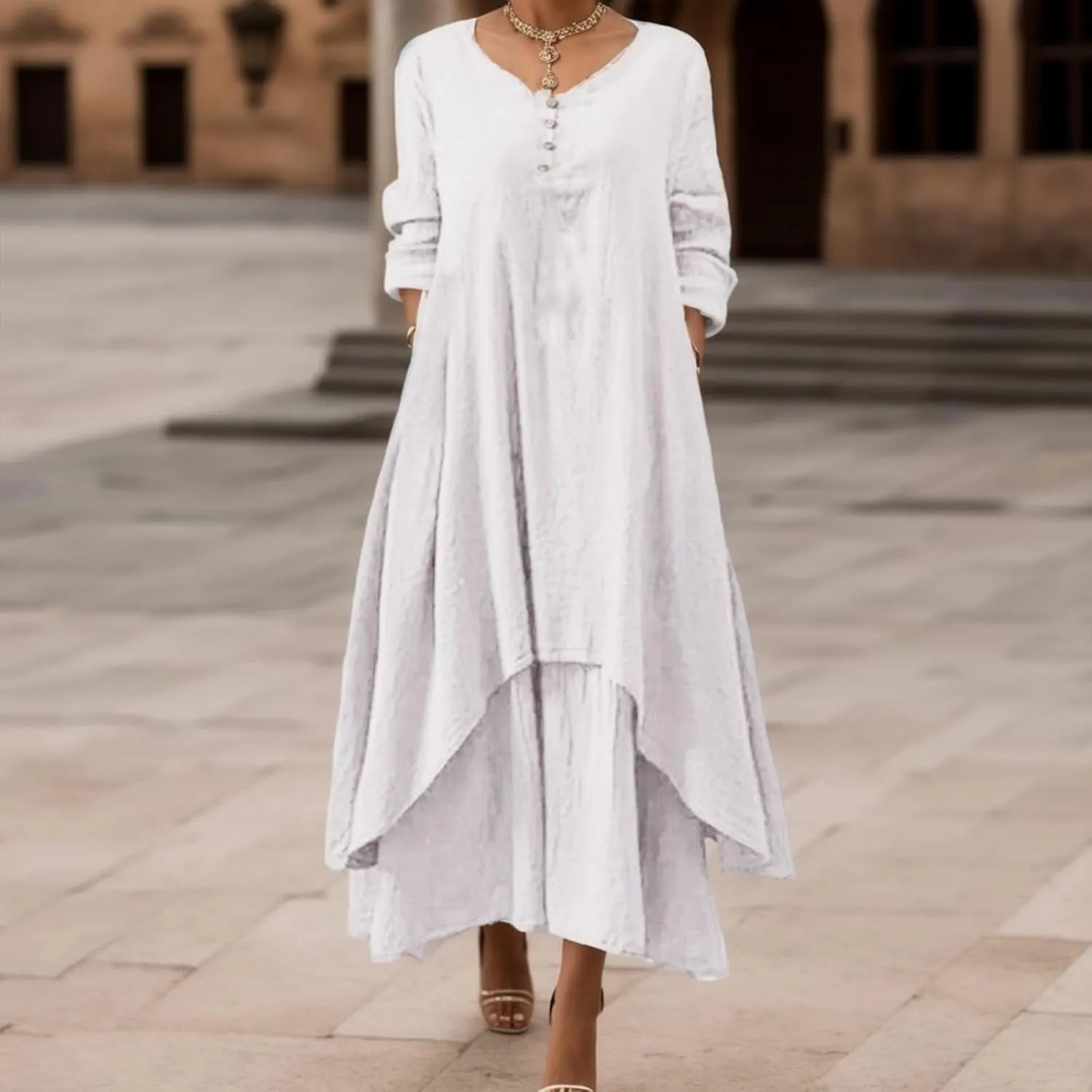 Mother of The Bride Dresses for Women Casual Boho Crewneck Long Sleeve Layered Tiered Flowy Resort Dresses Church Outfits