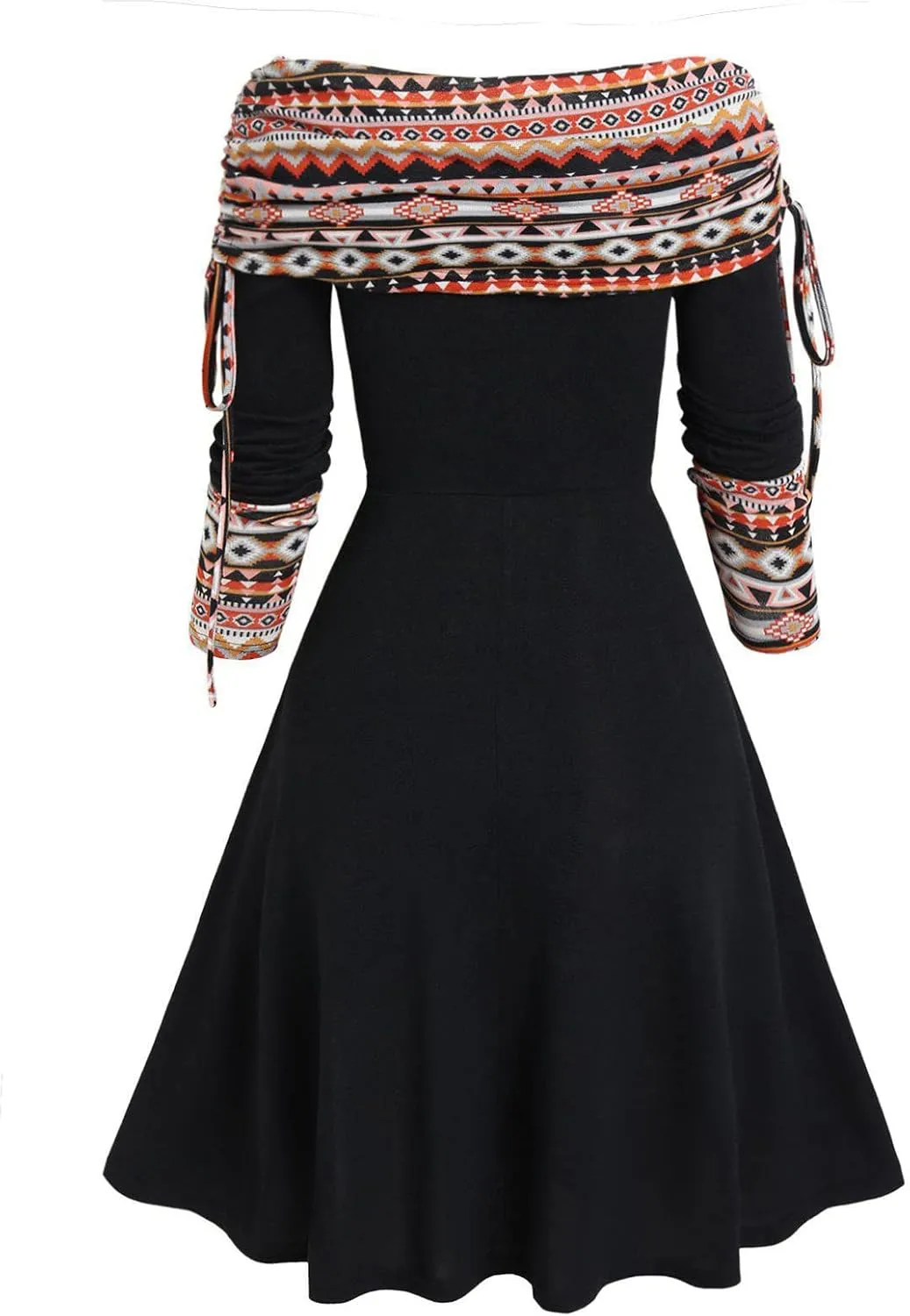 Mzkdieey Dresses for Women 2023 Off The Shoulder Drawstring Long Sleeve Western Ethnic Style Dress A-line Ruched Tunic Dress