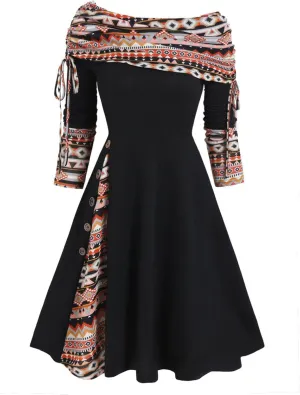 Mzkdieey Dresses for Women 2023 Off The Shoulder Drawstring Long Sleeve Western Ethnic Style Dress A-line Ruched Tunic Dress