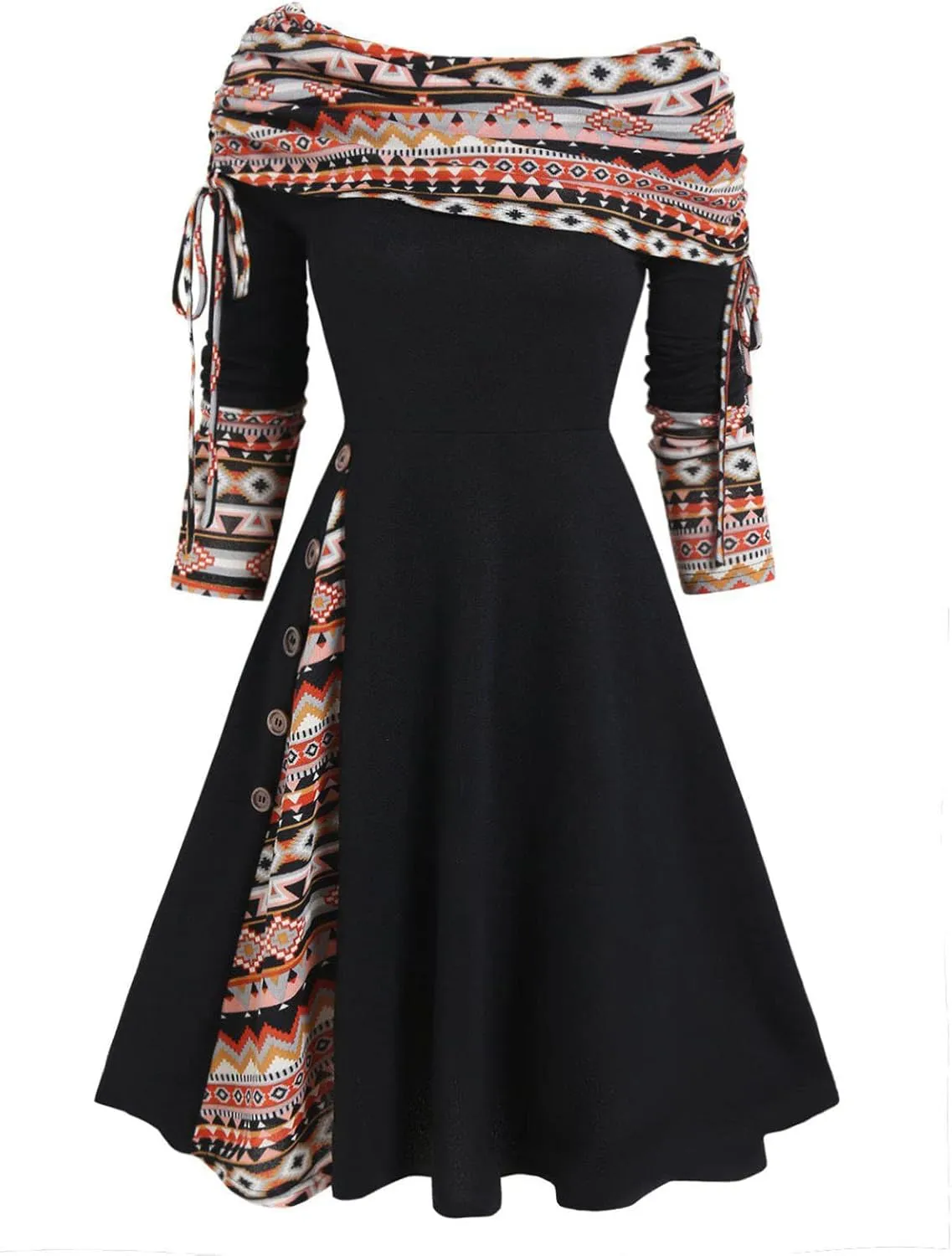 Mzkdieey Dresses for Women 2023 Off The Shoulder Drawstring Long Sleeve Western Ethnic Style Dress A-line Ruched Tunic Dress