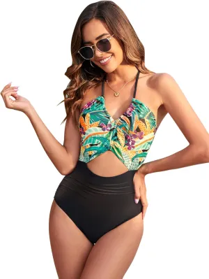 Narecte Womens One Piece Swimsuits Tummy Control Sexy Halter Cutout Bathing Suit Backless Wrap Tie Back Swimwear