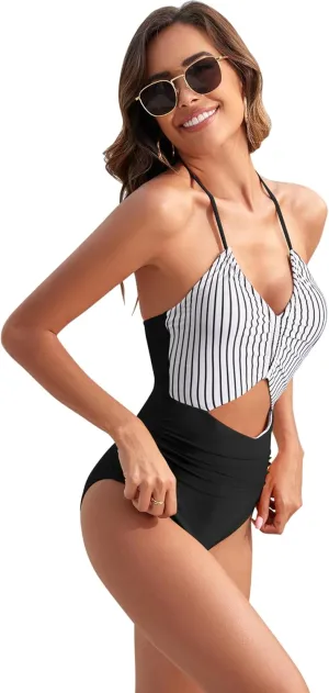 Narecte Womens One Piece Swimsuits Tummy Control Sexy Halter Cutout Bathing Suit Backless Wrap Tie Back Swimwear