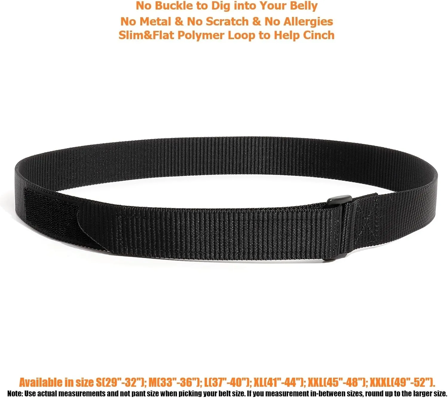 No-Scratch Nylon Belt 1 3/8" No Metal Buckle Belt w/Hook & Loop Closure TSA Approved for Work Travel Mechanic Driver
