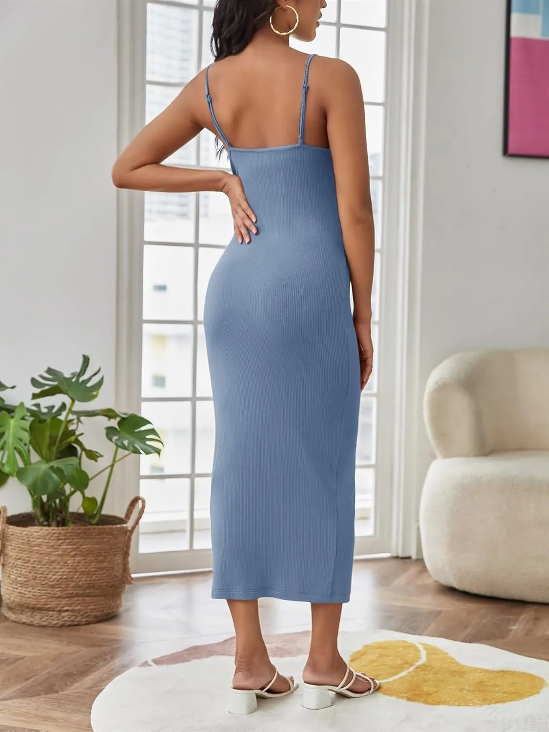 OYOANGLE Women's Maternity Cami Dress Split Hem Rib Knit Buttoned Sleeveless Long Bodycon Slip Dresses