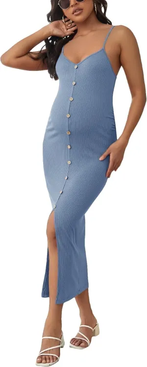 OYOANGLE Women's Maternity Cami Dress Split Hem Rib Knit Buttoned Sleeveless Long Bodycon Slip Dresses