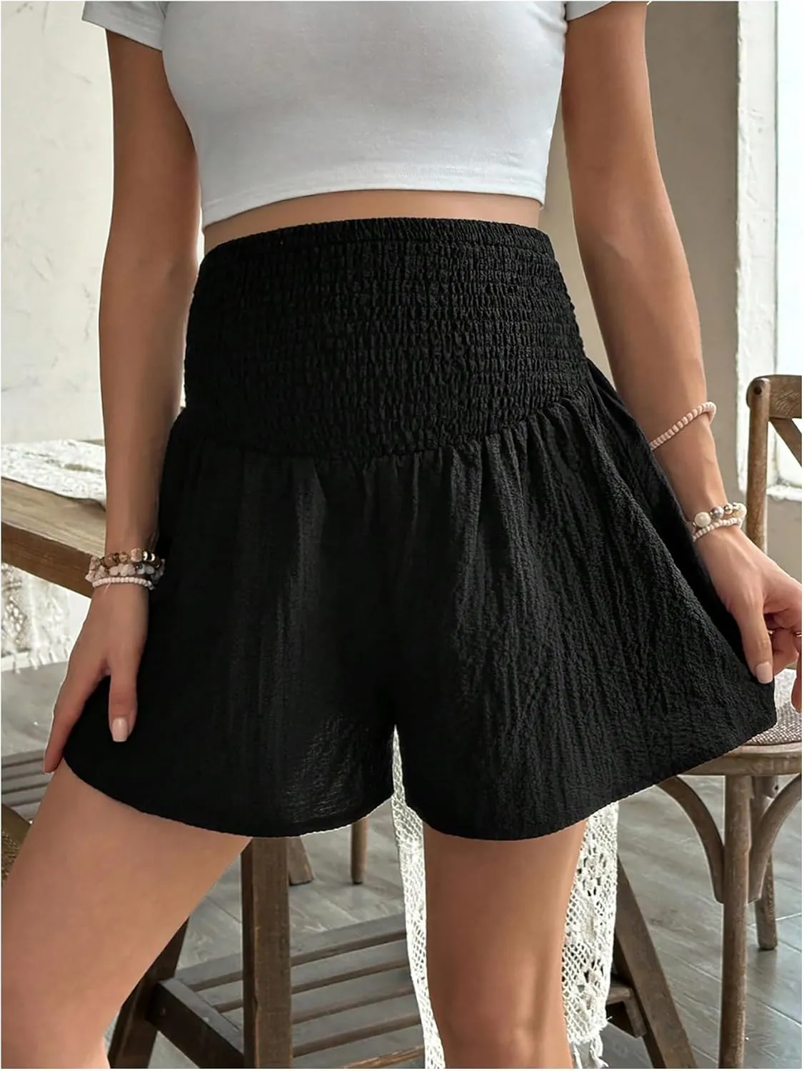 OYOANGLE Women's Maternity Shirred High Waist Wide Leg Shorts