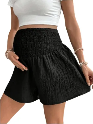OYOANGLE Women's Maternity Shirred High Waist Wide Leg Shorts