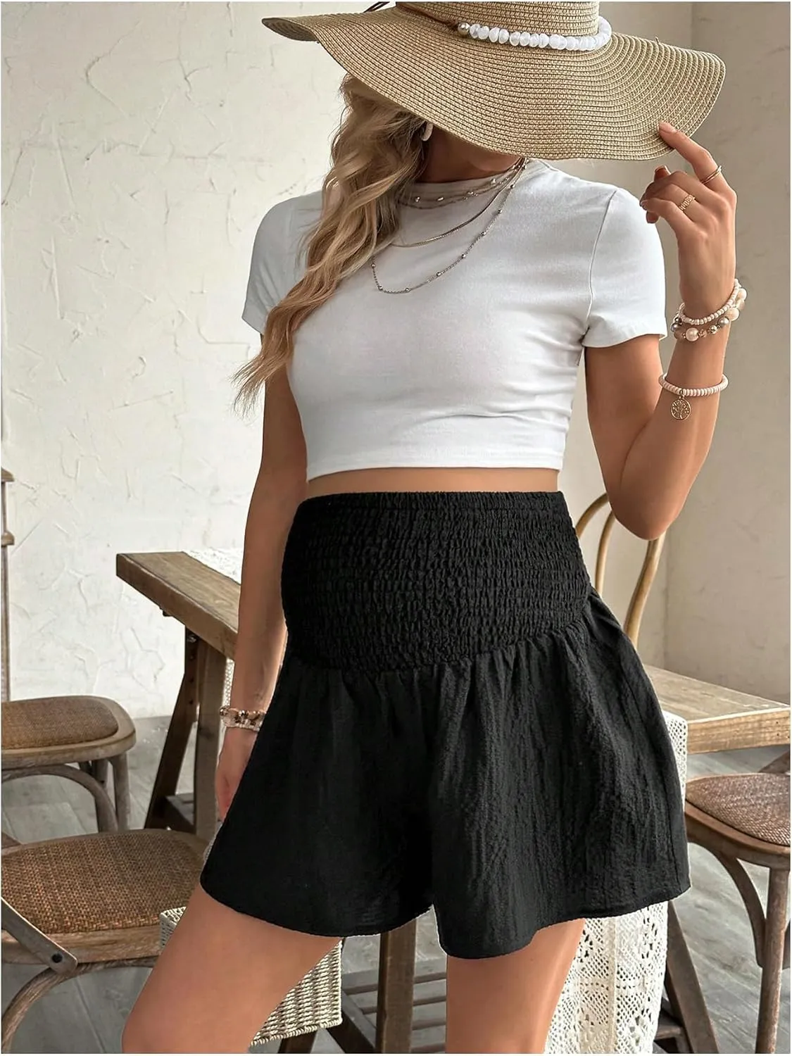 OYOANGLE Women's Maternity Shirred High Waist Wide Leg Shorts