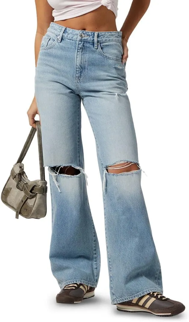 PacSun Women's Light Indigo Ripped High Waisted Girlfriend Jeans