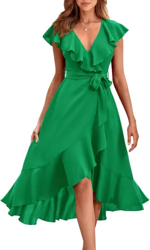 PRETTYGARDEN Women's 2025 Summer Cross Midi Dress Casual Boho Deep V Neck Short Sleeve Ruffle Hem Split Beach Long Dresses