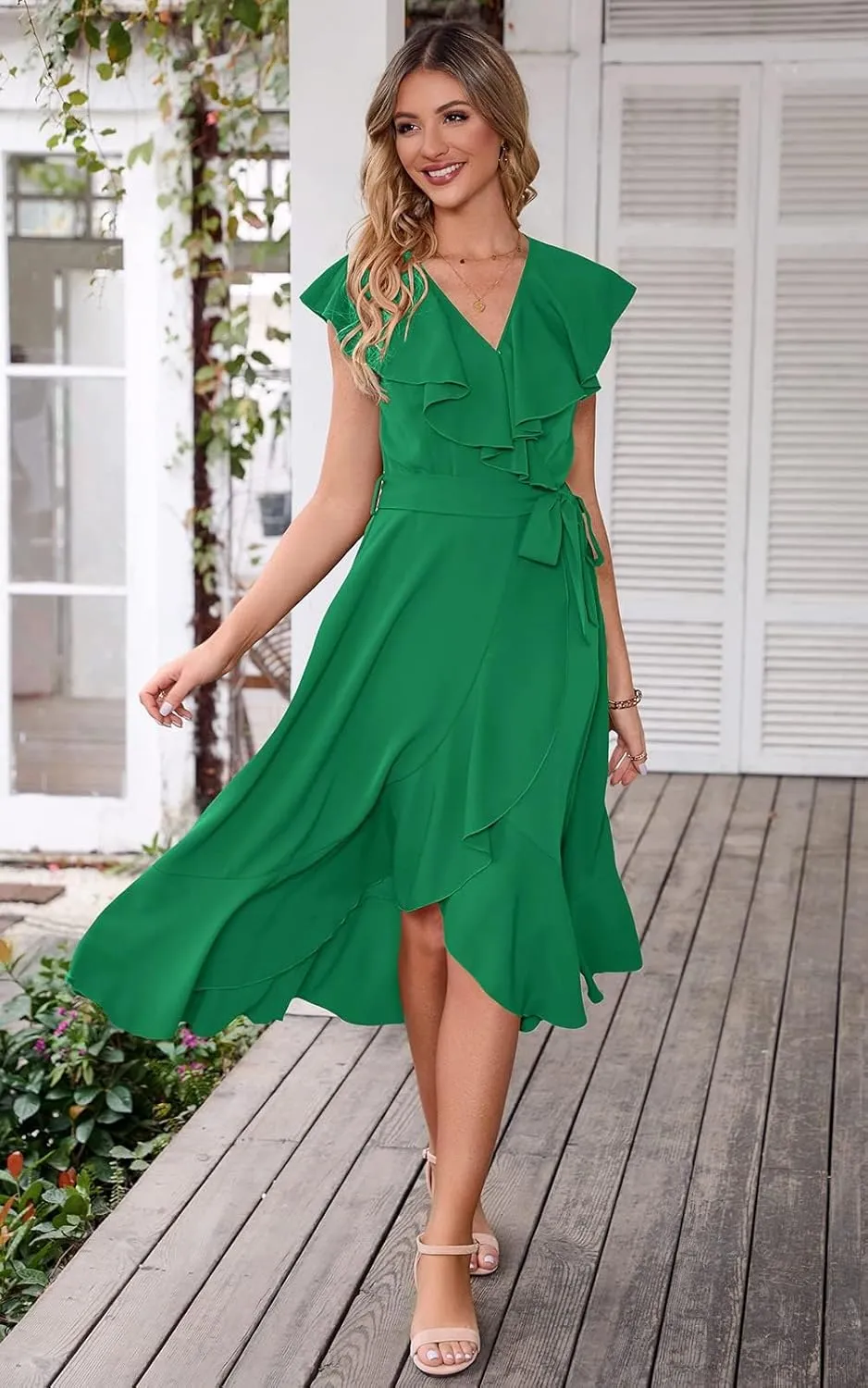 PRETTYGARDEN Women's 2025 Summer Cross Midi Dress Casual Boho Deep V Neck Short Sleeve Ruffle Hem Split Beach Long Dresses