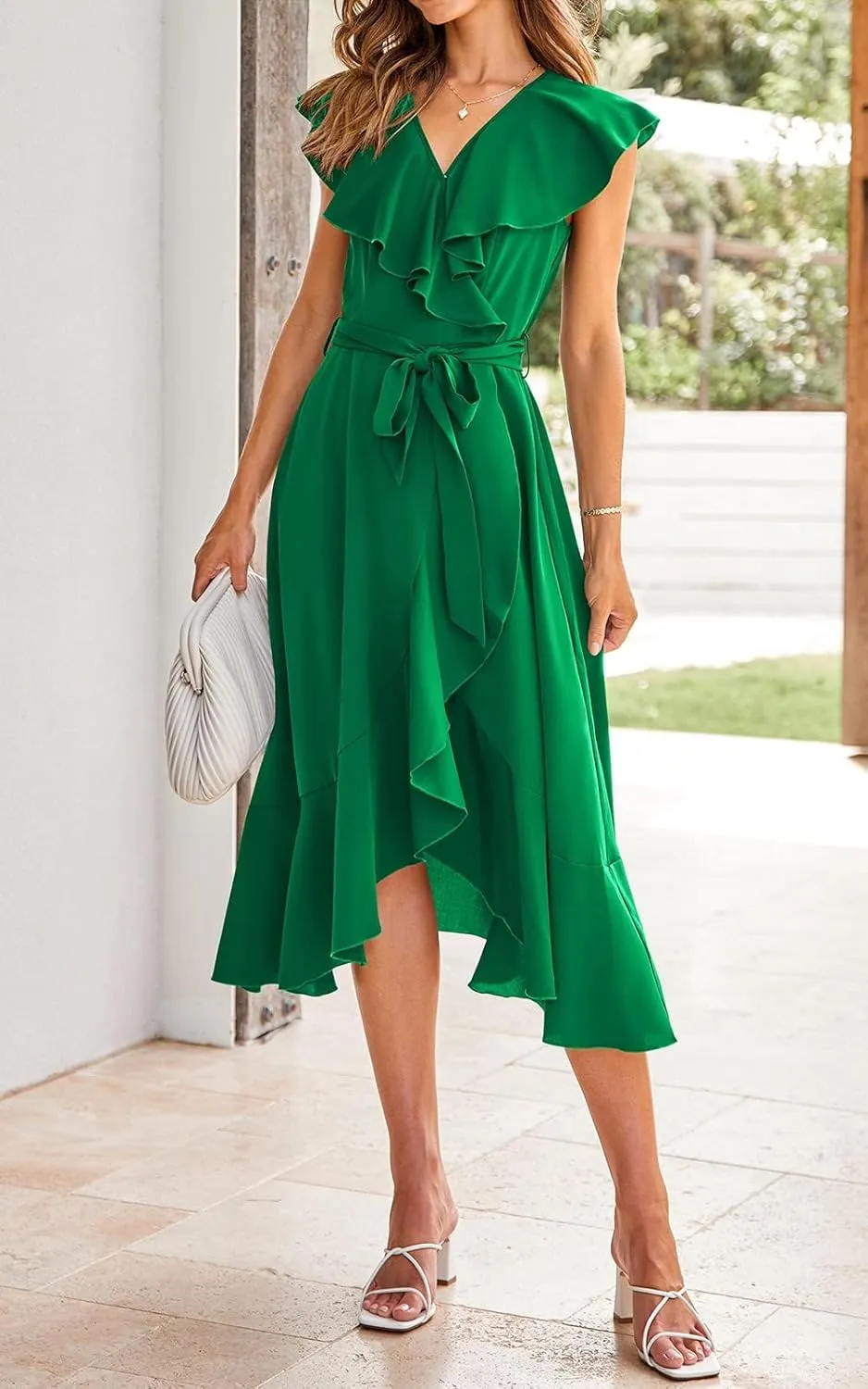 PRETTYGARDEN Women's 2025 Summer Cross Midi Dress Casual Boho Deep V Neck Short Sleeve Ruffle Hem Split Beach Long Dresses