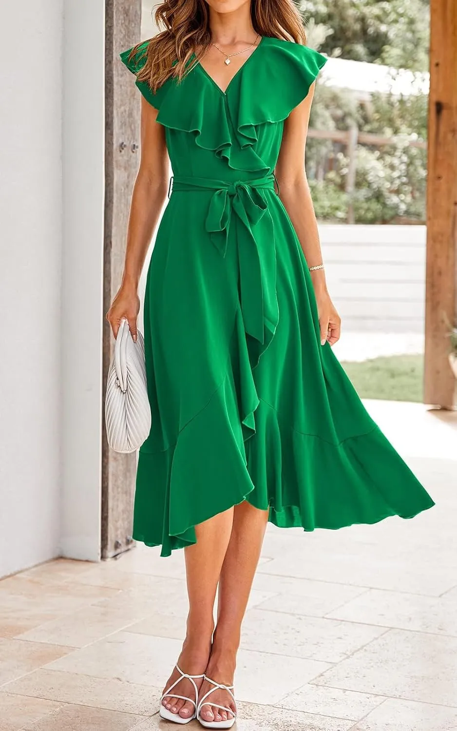 PRETTYGARDEN Women's 2025 Summer Cross Midi Dress Casual Boho Deep V Neck Short Sleeve Ruffle Hem Split Beach Long Dresses