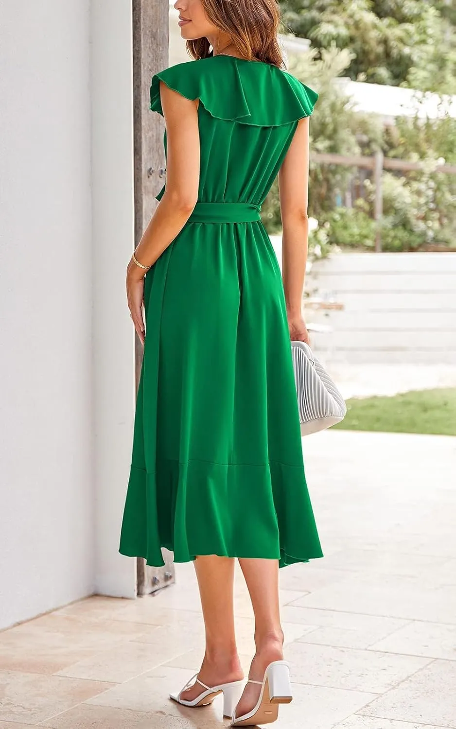PRETTYGARDEN Women's 2025 Summer Cross Midi Dress Casual Boho Deep V Neck Short Sleeve Ruffle Hem Split Beach Long Dresses