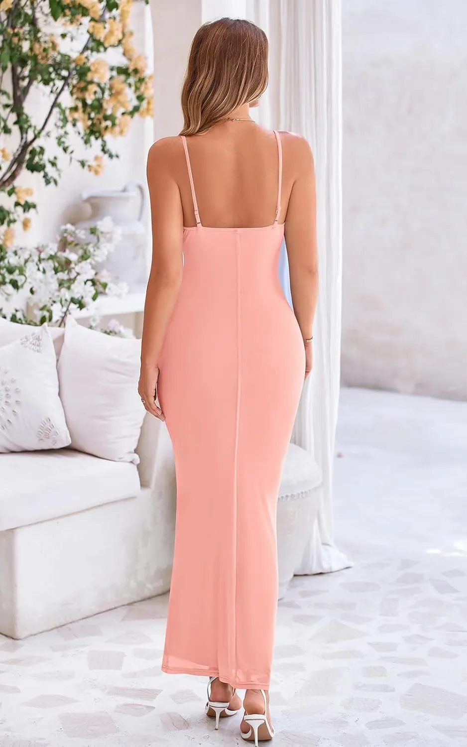 PRETTYGARDEN Women's 2025 Summer Maxi Dress Spaghetti Strap Mesh Slip Bodycon Dress Cowl Neck Cocktail Party Long Dresses