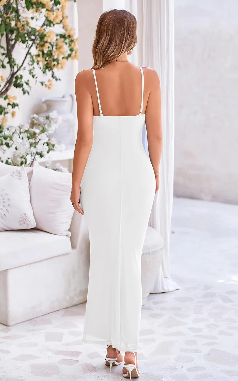 PRETTYGARDEN Women's 2025 Summer Maxi Dress Spaghetti Strap Mesh Slip Bodycon Dress Cowl Neck Cocktail Party Long Dresses