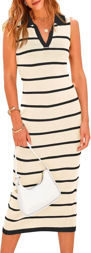 PRETTYGARDEN Womens Dresses Casual Sleeveless Bodycon Midi Dress Lapel V Neck Striped Long Summer Dresses for Women 2025