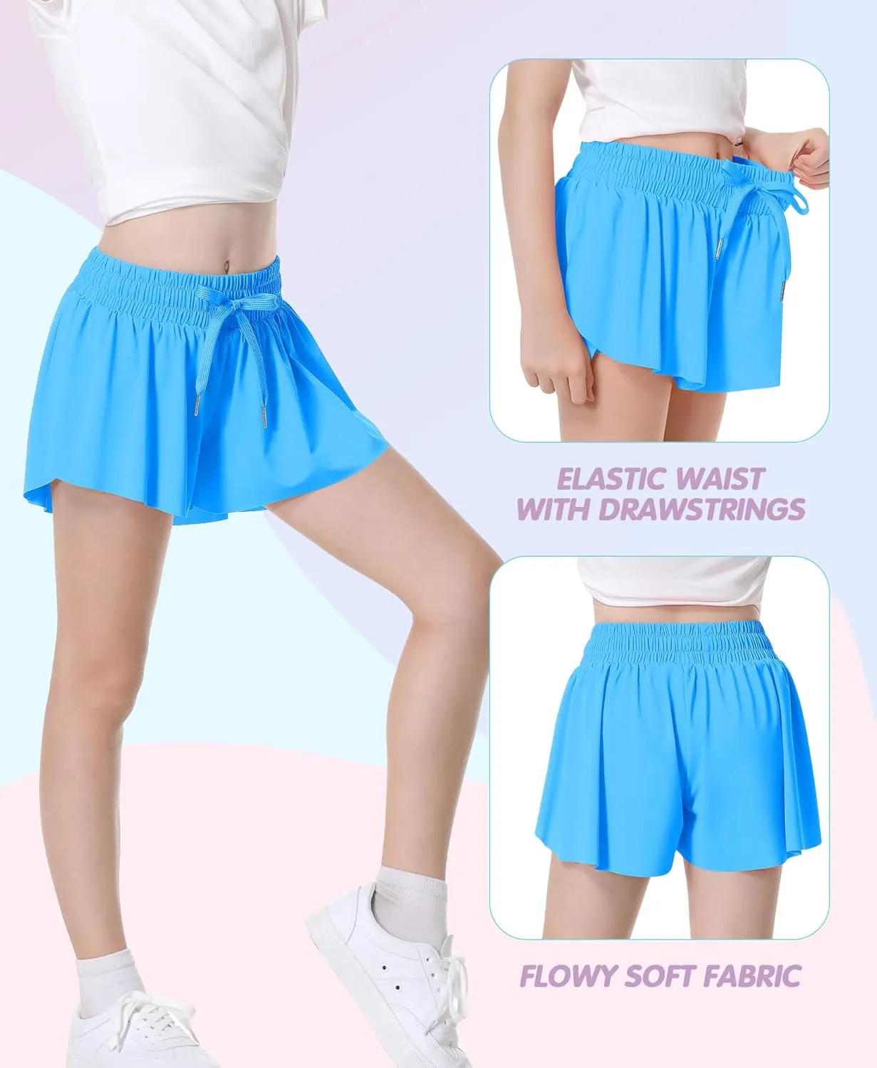 QooNoo Girls Butterfly Shorts with Pocket Flowy Athletic Shorts High Waist Preppy Running Shorts for Kids Teen