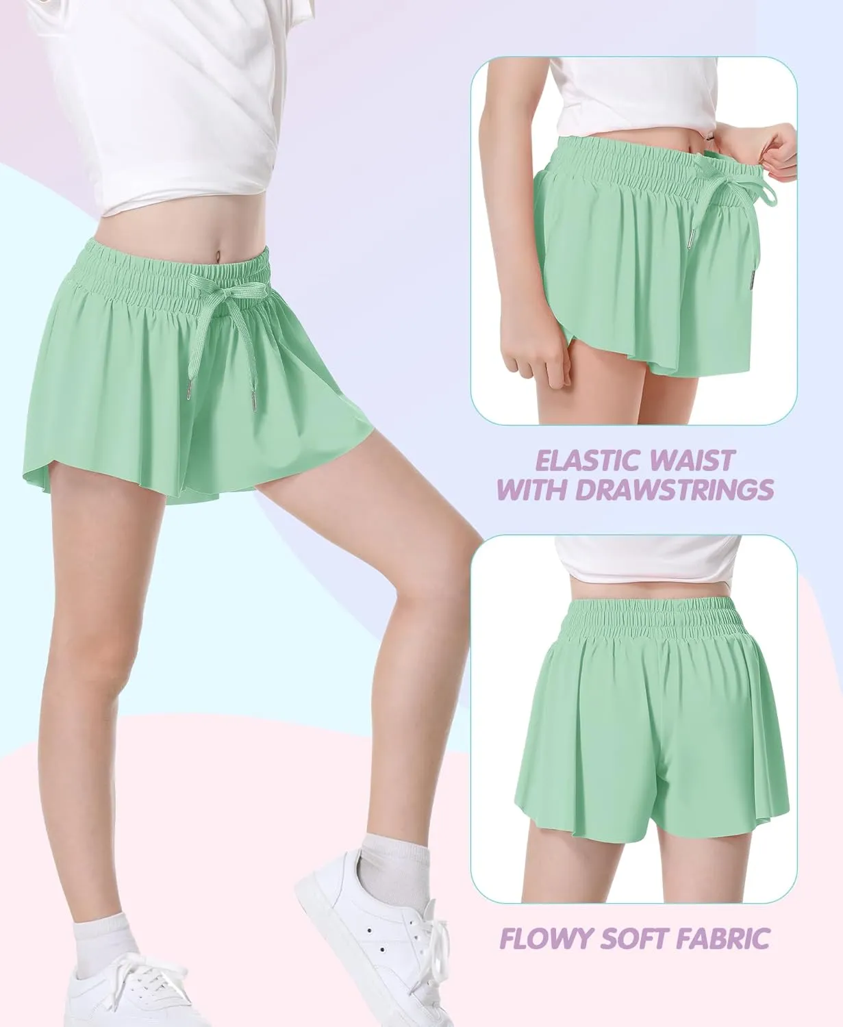 QooNoo Girls Butterfly Shorts with Pocket Flowy Athletic Shorts High Waist Preppy Running Shorts for Kids Teen