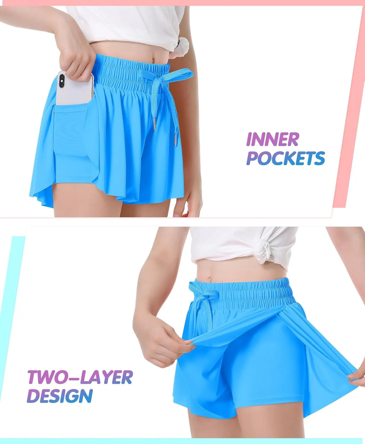 QooNoo Girls Butterfly Shorts with Pocket Flowy Athletic Shorts High Waist Preppy Running Shorts for Kids Teen