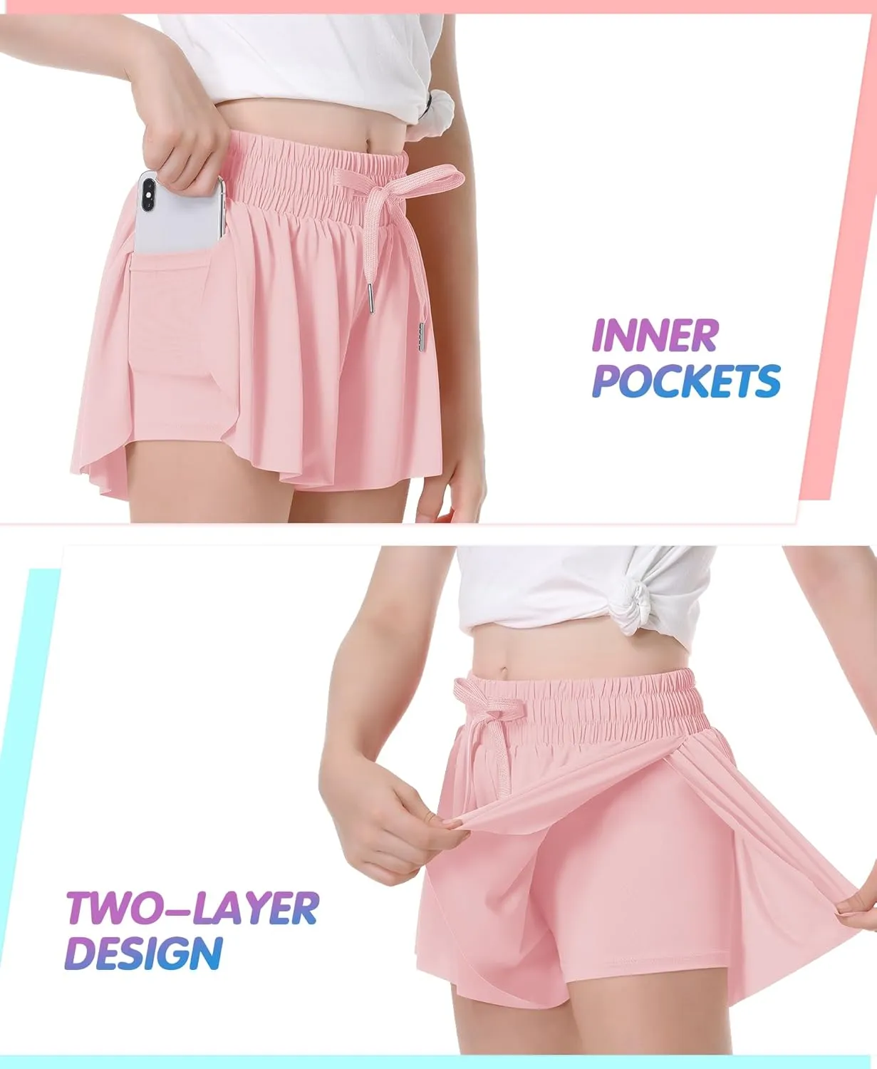 QooNoo Girls Butterfly Shorts with Pocket Flowy Athletic Shorts High Waist Preppy Running Shorts for Kids Teen