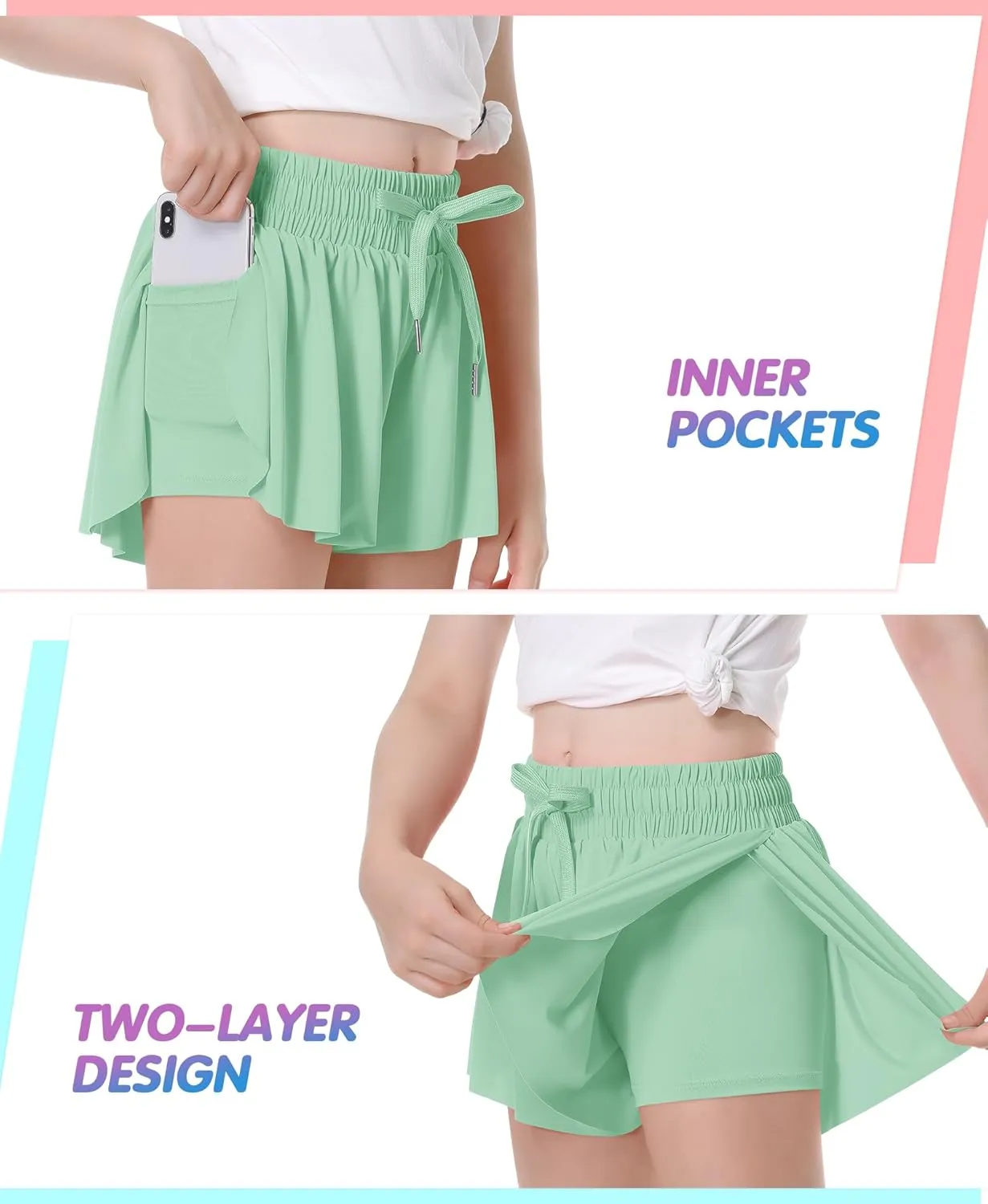 QooNoo Girls Butterfly Shorts with Pocket Flowy Athletic Shorts High Waist Preppy Running Shorts for Kids Teen