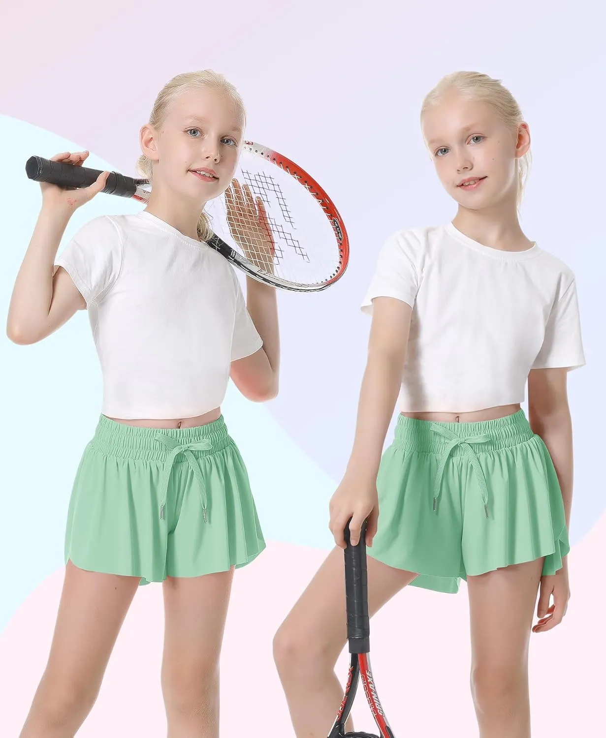 QooNoo Girls Butterfly Shorts with Pocket Flowy Athletic Shorts High Waist Preppy Running Shorts for Kids Teen